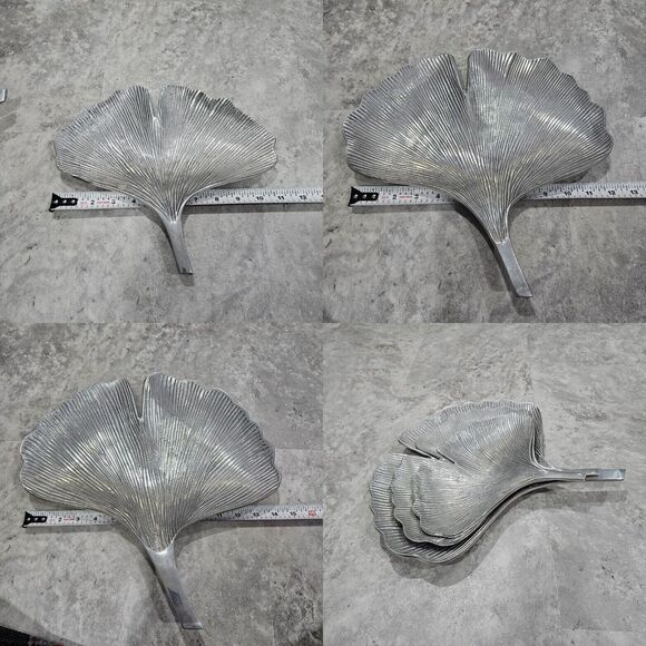 Set Of 3 Modern Style Silver Tone Aluminum Ginkgo Leaf Trinket Catchall Tray - Picture 9 of 9